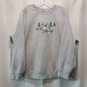 Basic Editions Women's 3X‎ Gray Blue Bird Embroidered Sweatshirt Grandmacore